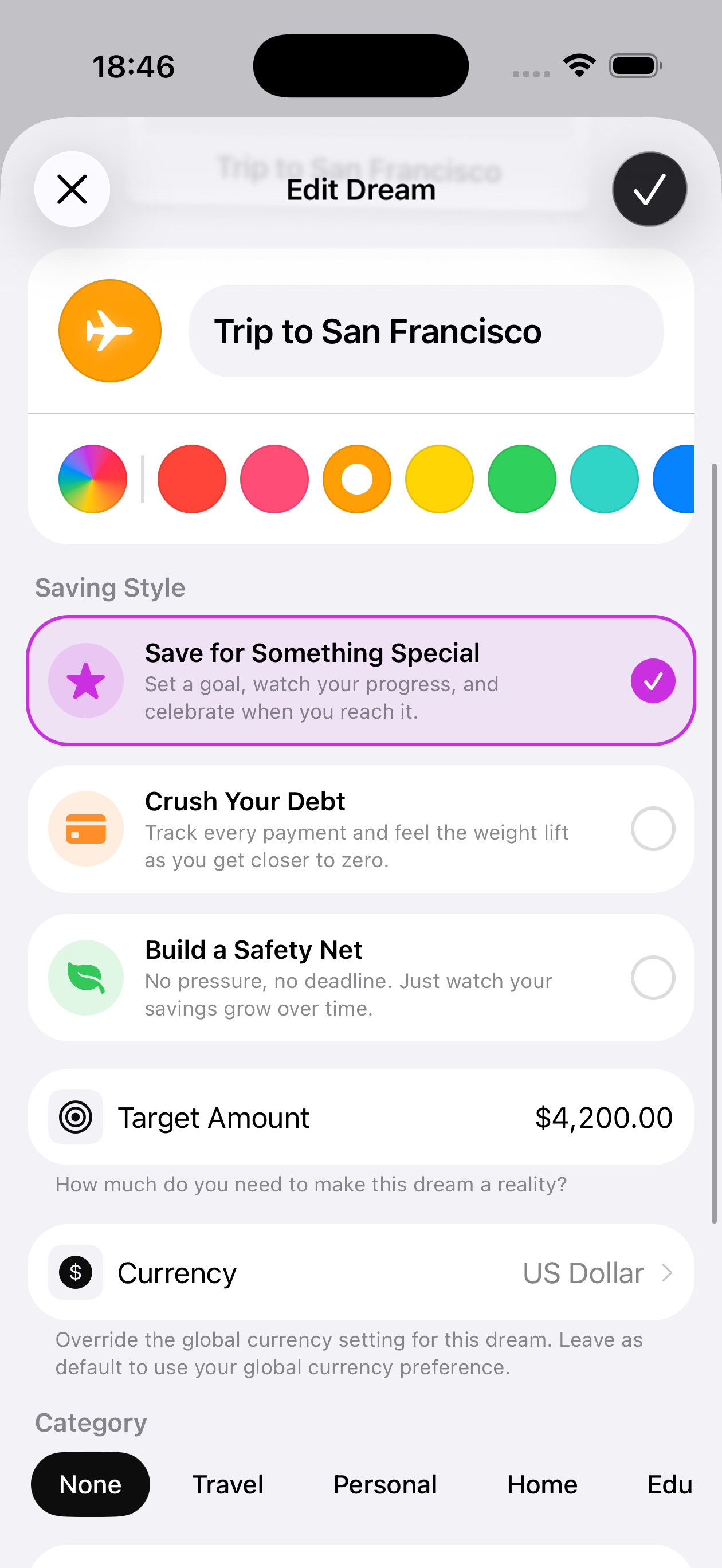 Dreams iOS app screenshot 2 showing savings goals, progress tracking, and financial planning features